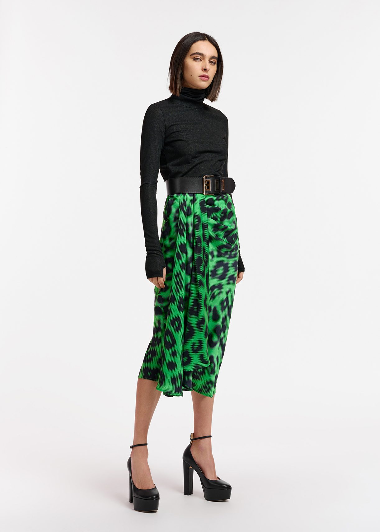 Green leopard print midi wrap outlet skirt