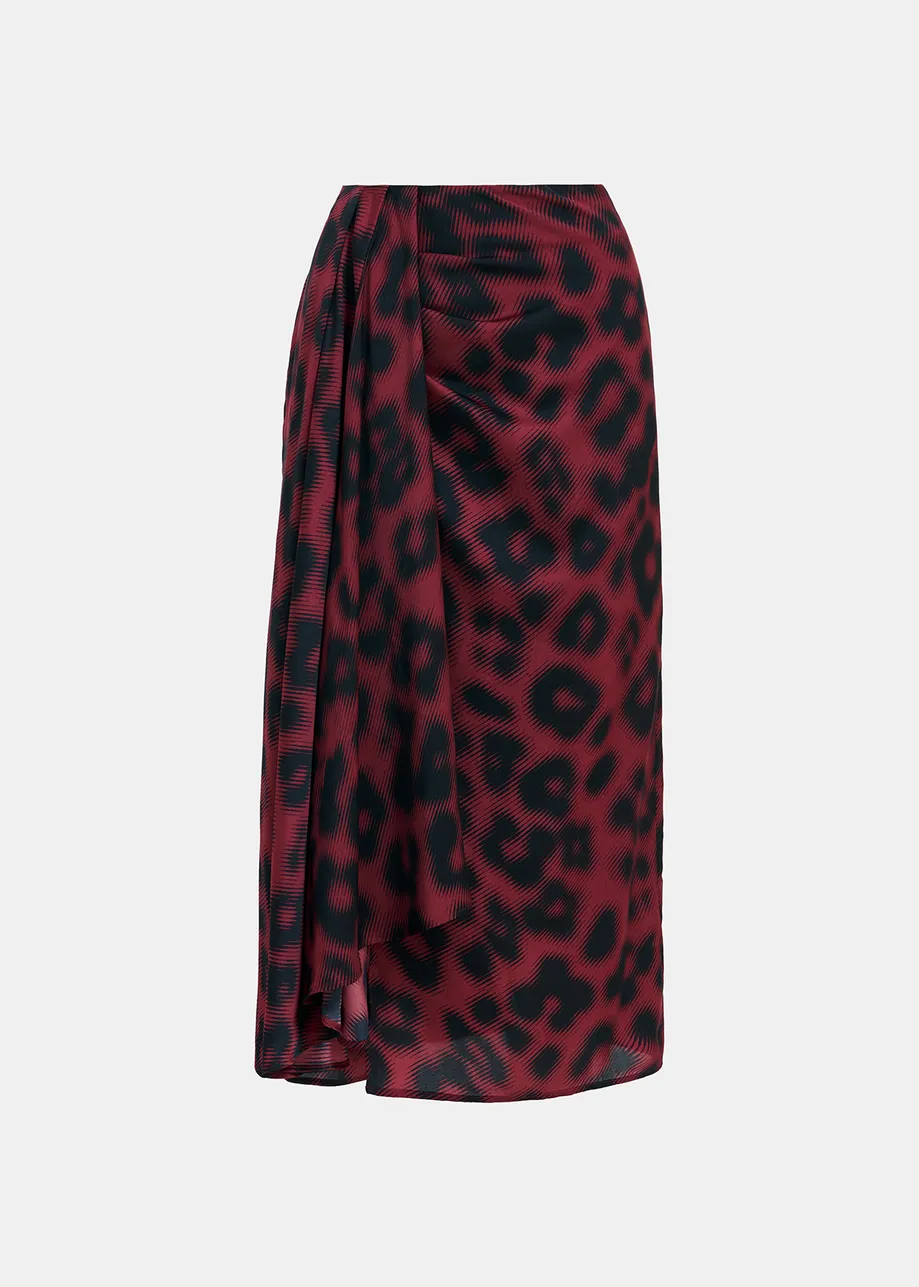 Maroon draped midi-length skirt with leopard print