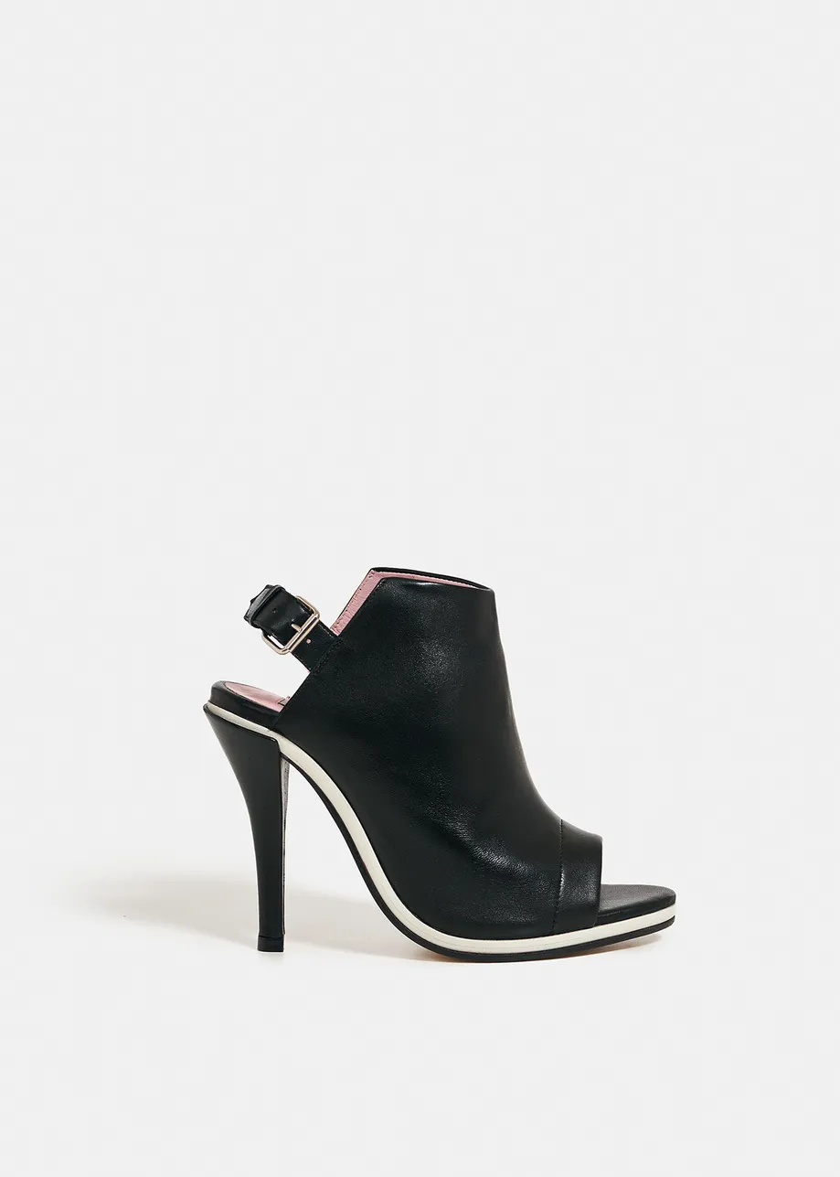 Black open-toe leather mules