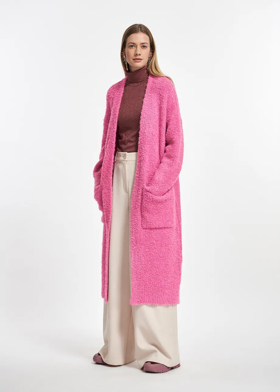 Pink bouclé-knitted midi-length cardigan