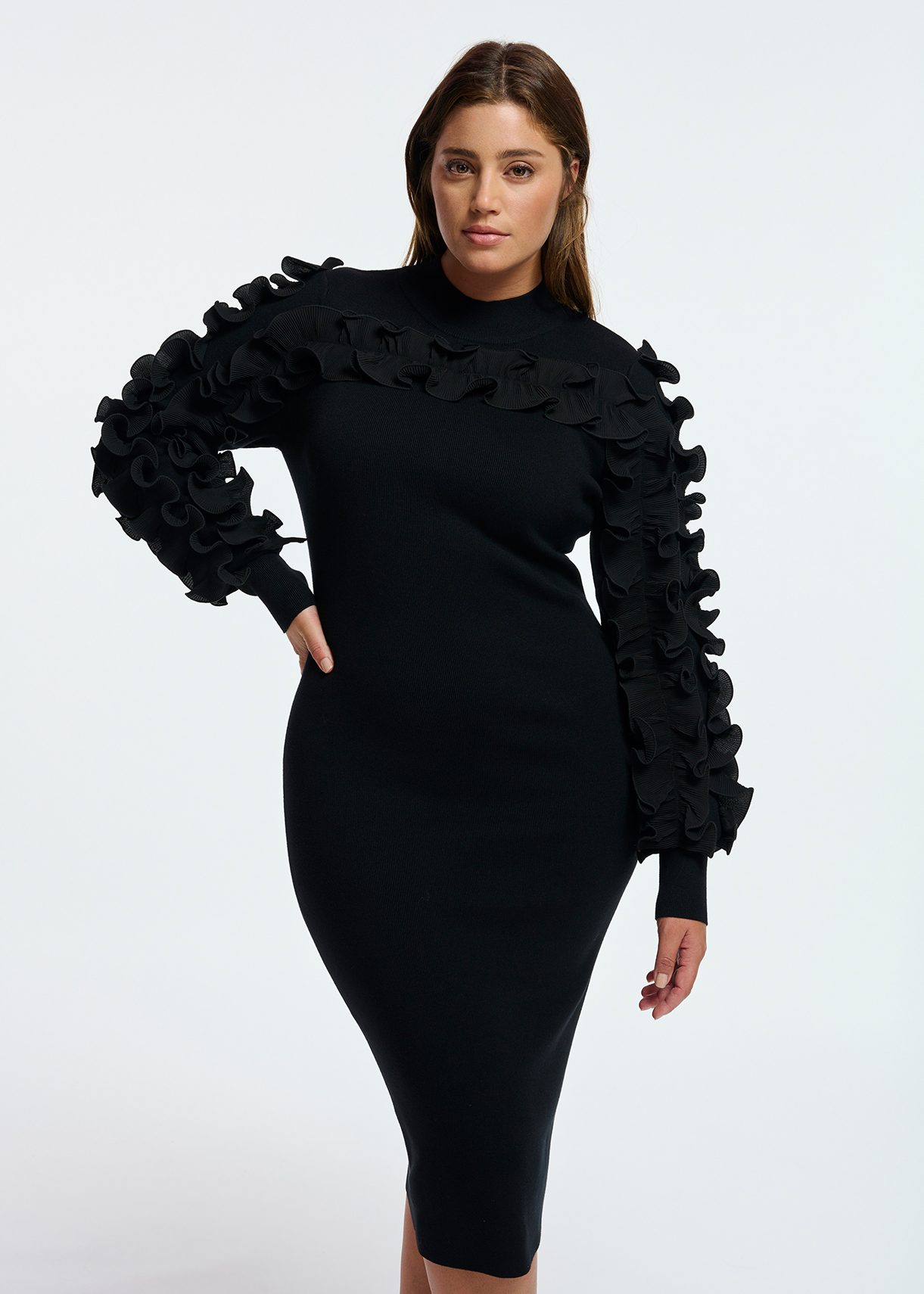 Black midi-length knit dress with ruffles | Essentiel Antwerp United