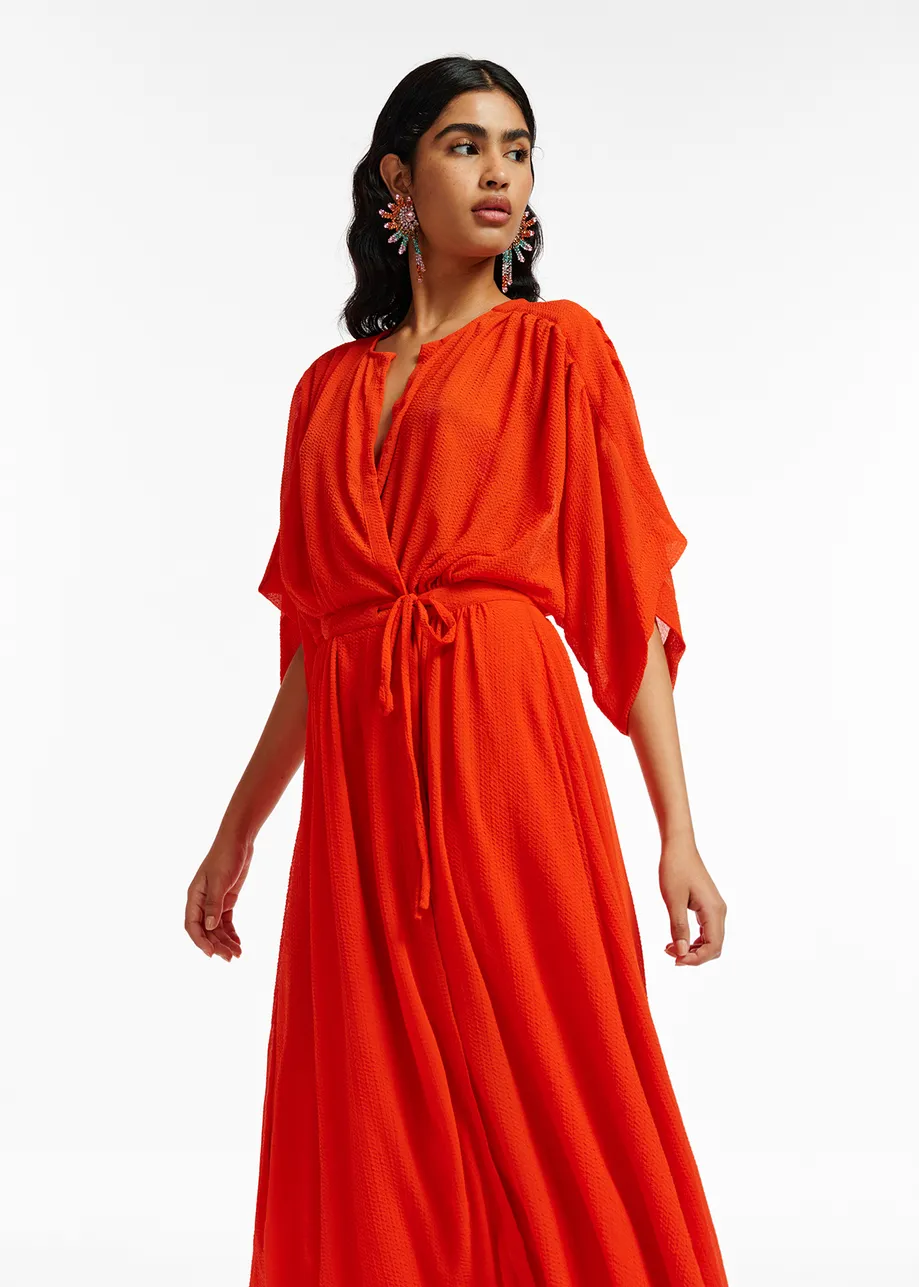 Red midi-length wrap dress