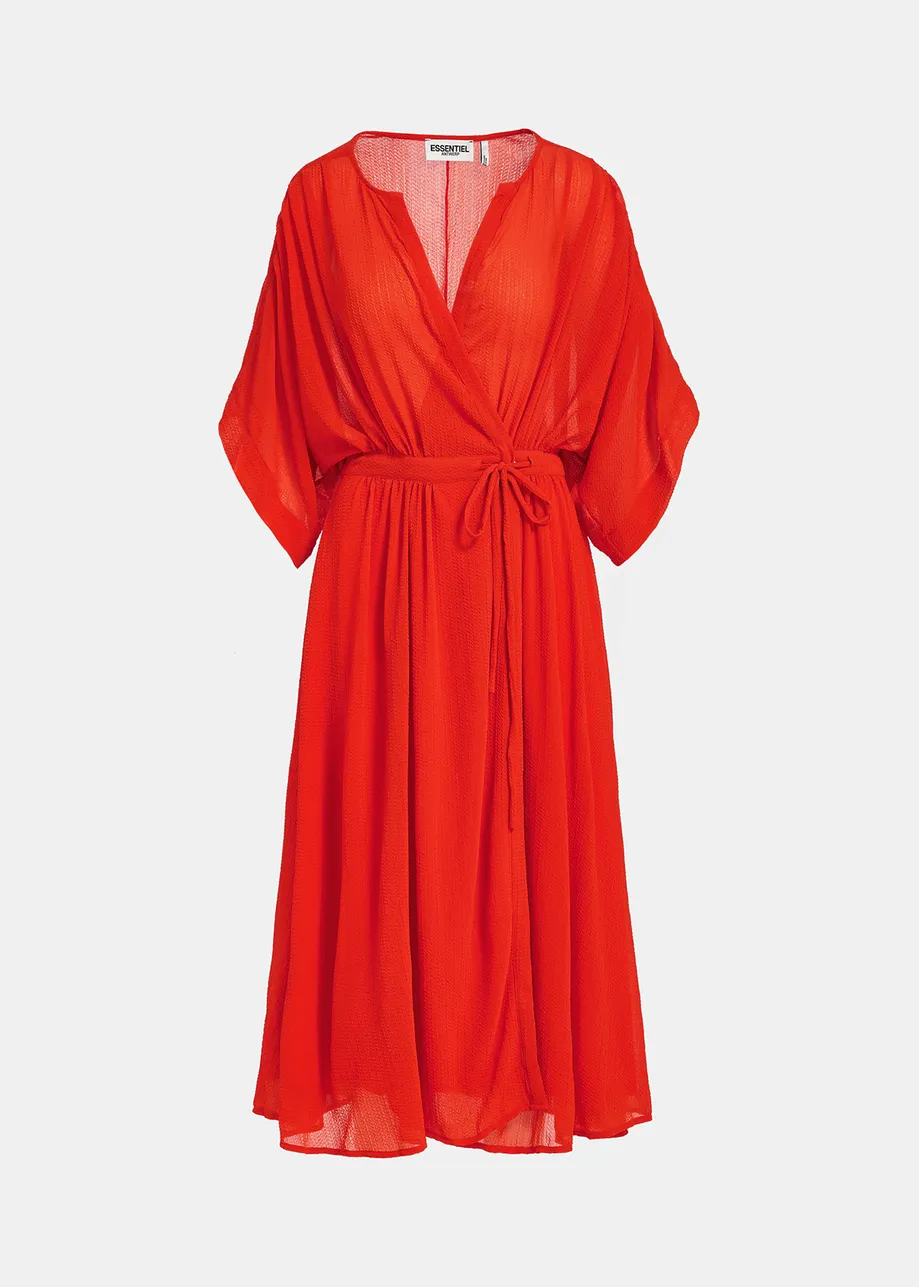 Red midi-length wrap dress