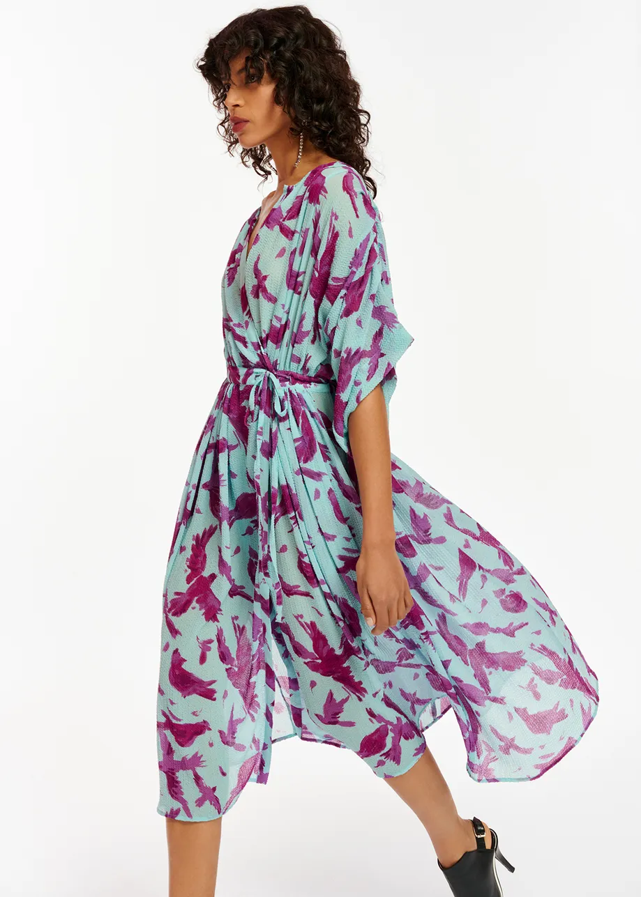 Light blue and purple midi-length wrap dress