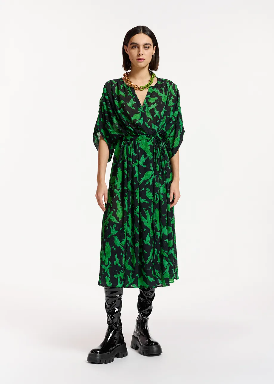 Black and green midi-length wrap dress