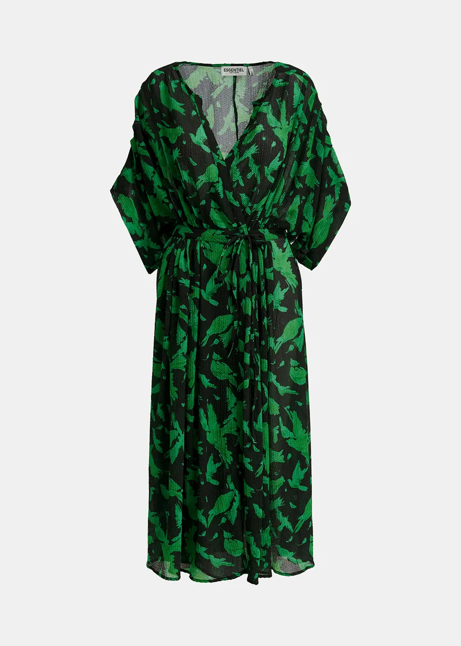 Black and green midi-length wrap dress