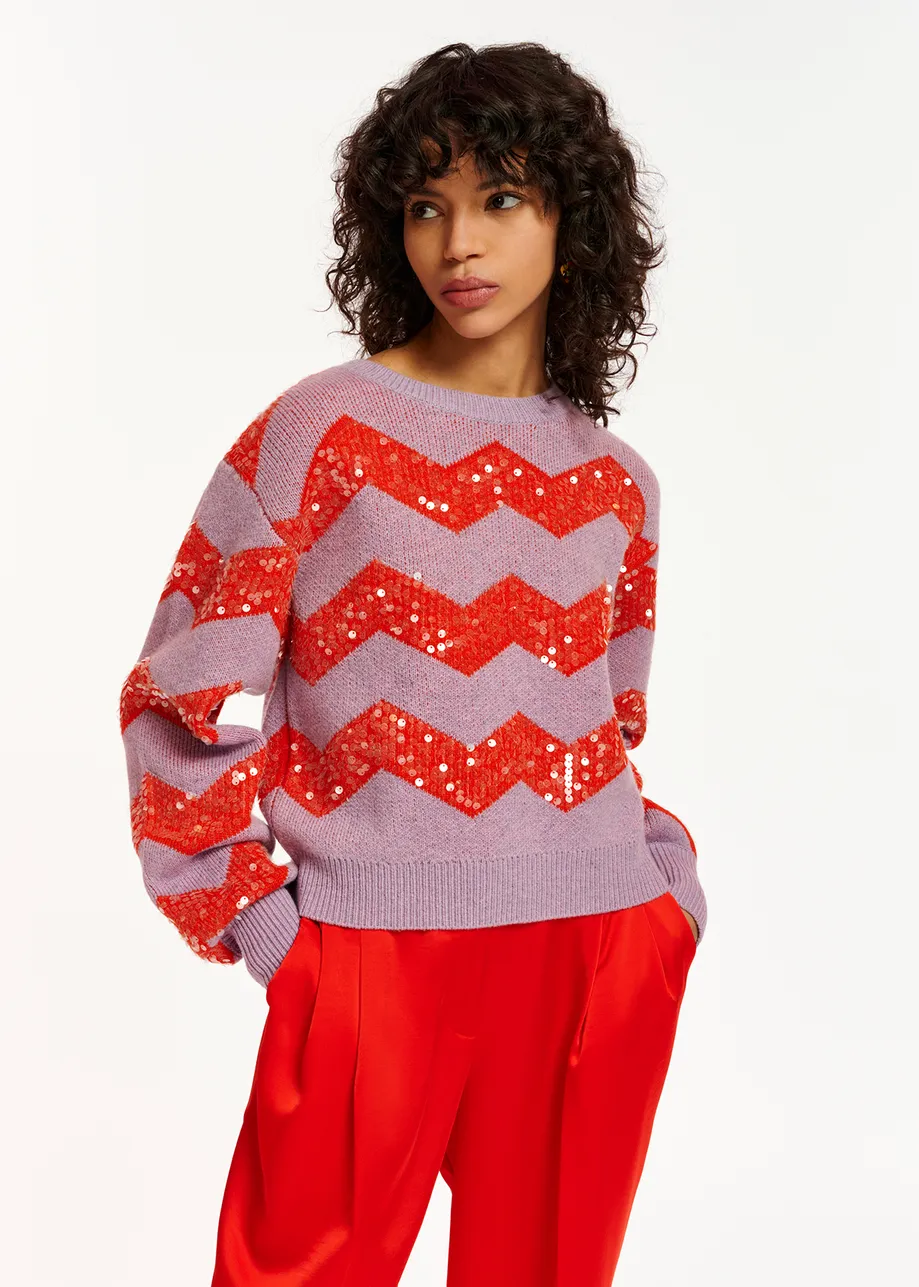 Dark lilac and red chevron jacquard-knit sweater with sequin embroideries