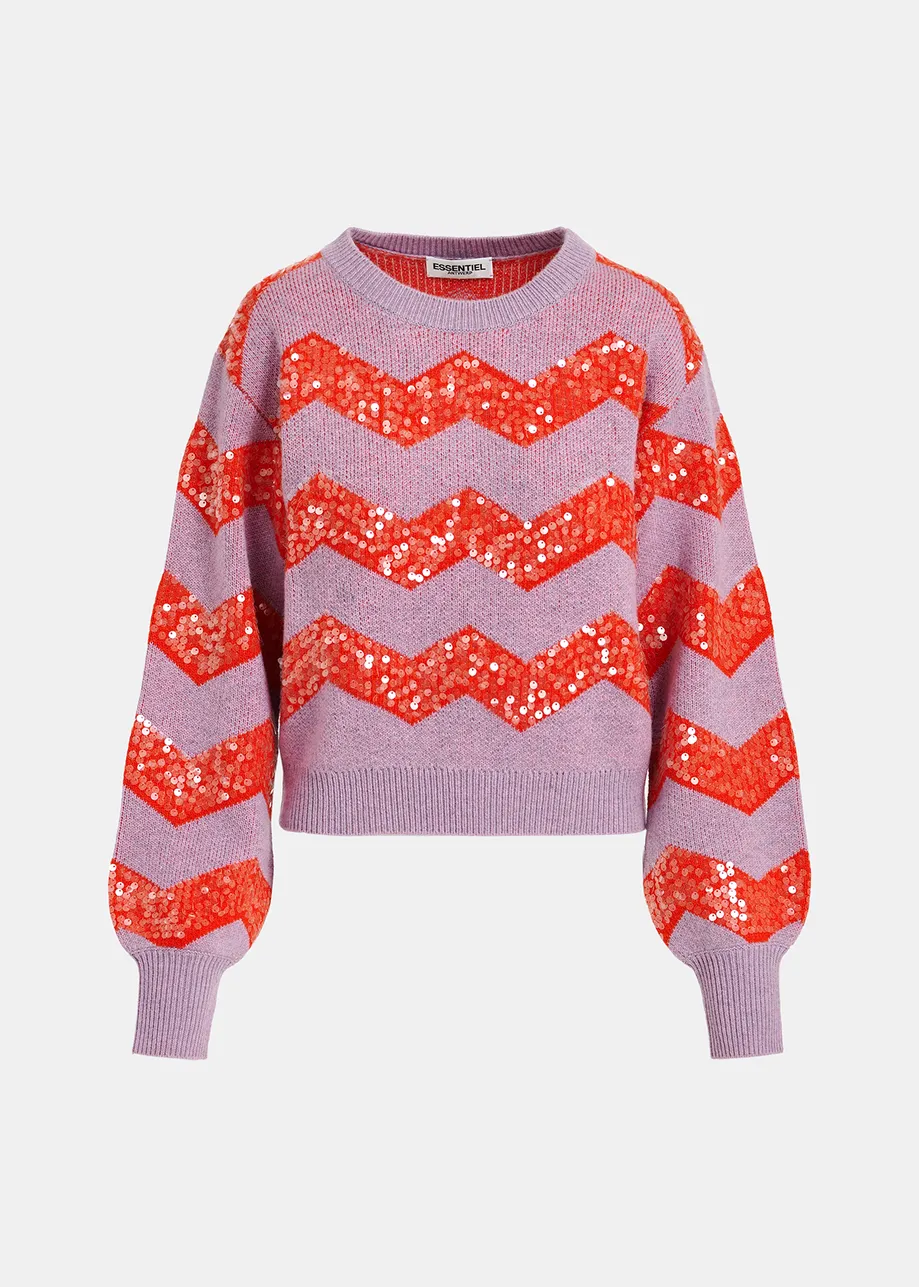 Dark lilac and red chevron jacquard-knit sweater with sequin embroideries