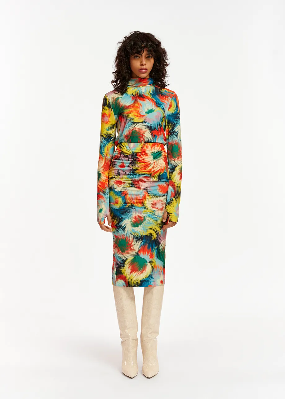 Multicolor stretch-jersey midi skirt with abstract print