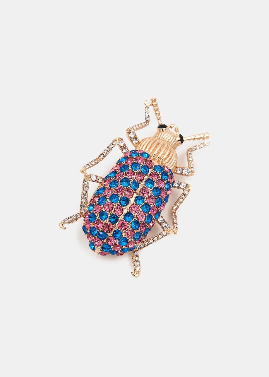 Blue and pink rhinestone beetle brooch