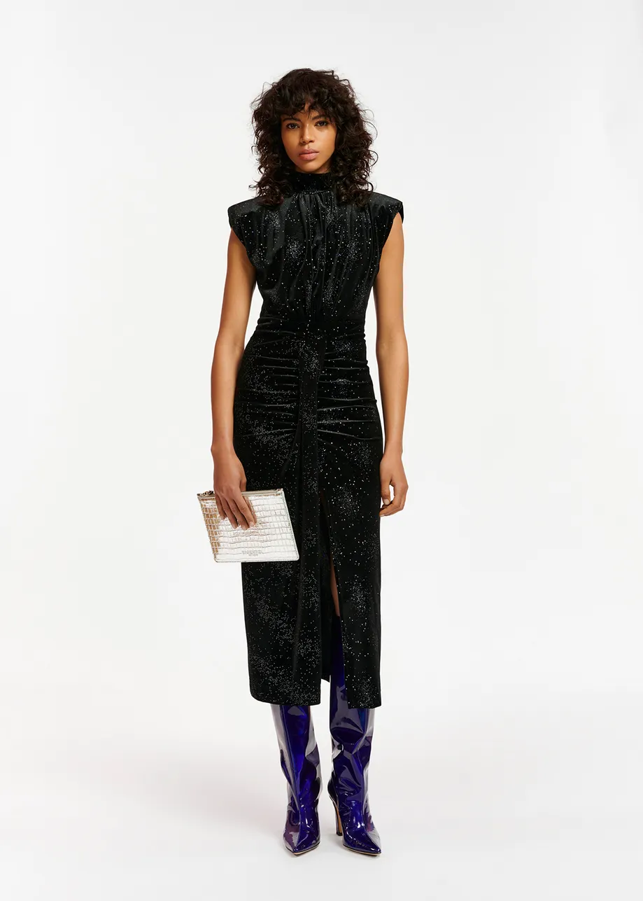 Black stretch-velvet midi-length dress