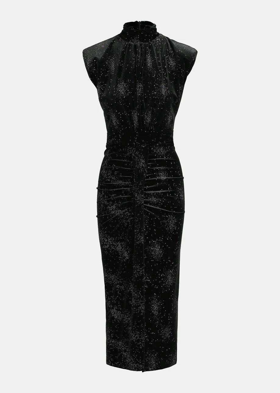 Black stretch-velvet midi-length dress