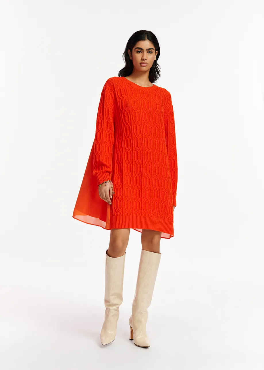Orange cable-knitted dress with fabric back panel