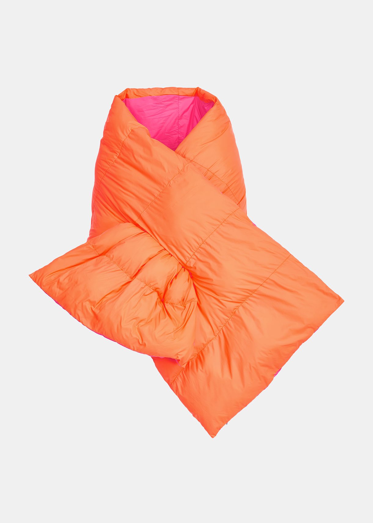 Orange and neon pink reversible puffer scarf