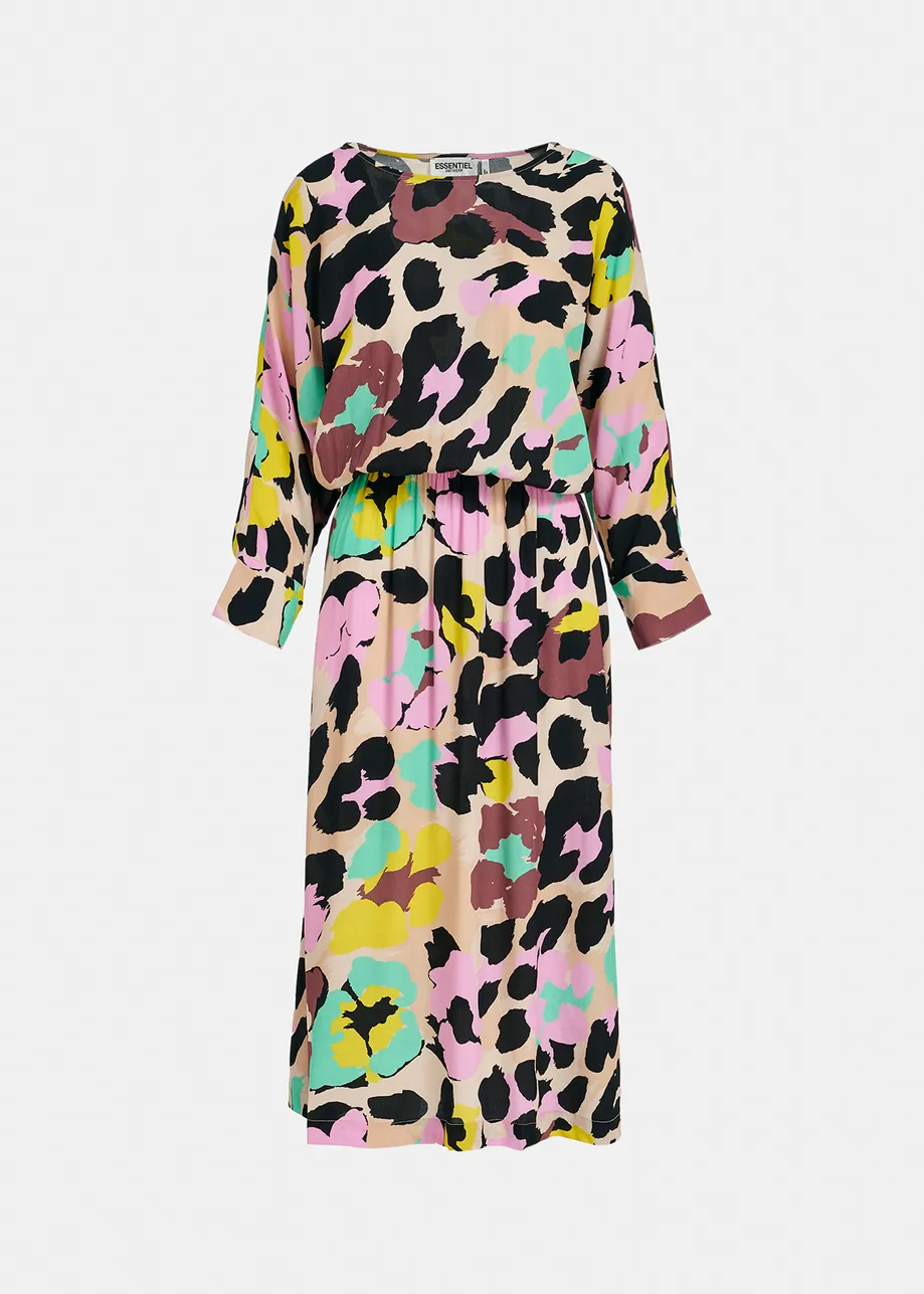 Vintage pink, mauve and black abstract print maxi-length dress