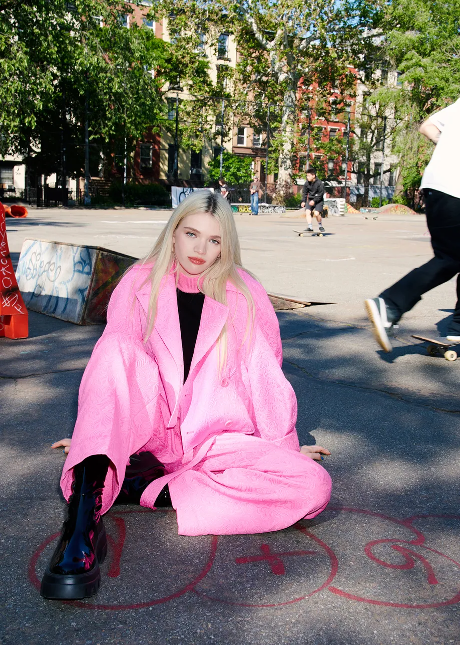 Pink jacquard double-breasted jacket 