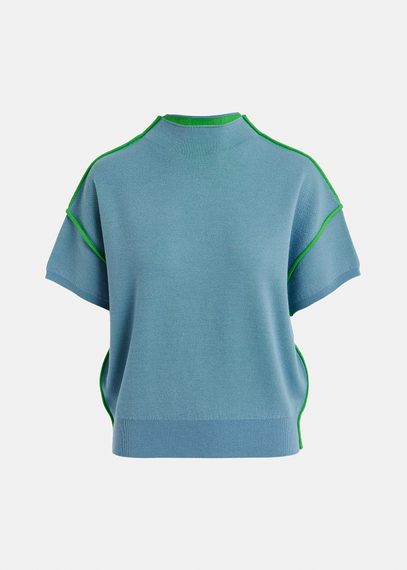 Blue short-sleeved sweater with green piping