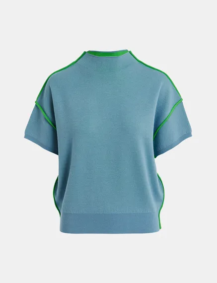 Blue short-sleeved sweater with green piping