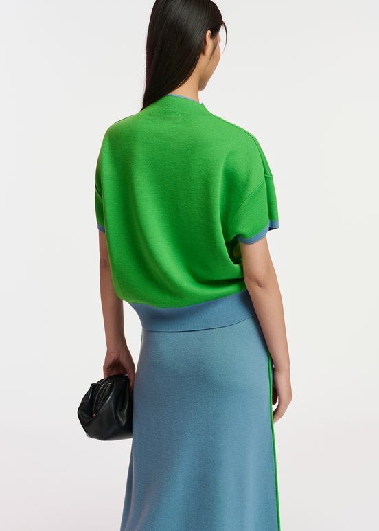 Blue short-sleeved sweater with green piping