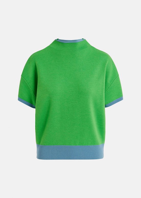 Blue short-sleeved sweater with green piping