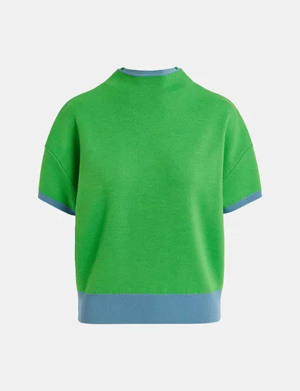 Blue short-sleeved sweater with green piping