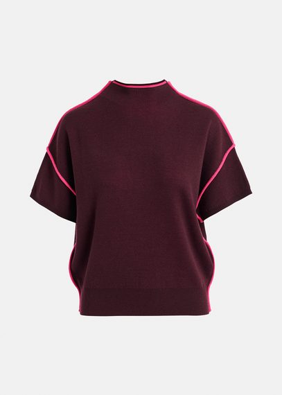 Burgundy short-sleeved sweater with neon pink piping