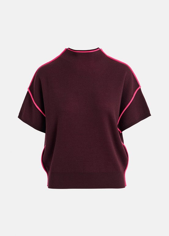 Pull à manches courtes bordeaux avec liseré rose fluo