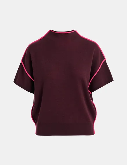 Burgundy short-sleeved sweater with neon pink piping