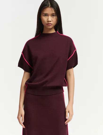 Burgundy short-sleeved sweater with neon pink piping