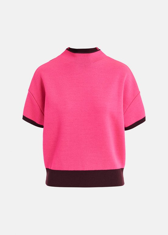 Burgundy short-sleeved sweater with neon pink piping