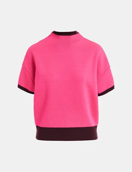 Burgundy short-sleeved sweater with neon pink piping