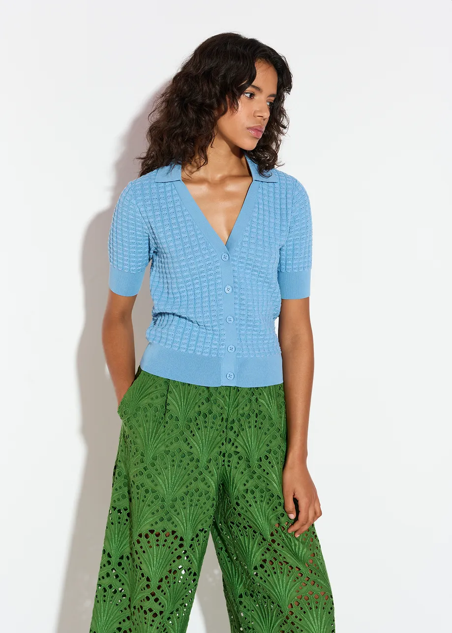 Blue knitted V-neck top