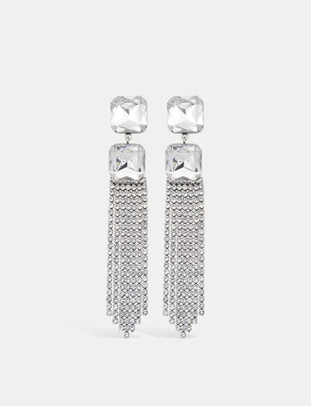 Longues boucles d'oreilles argentées en strass