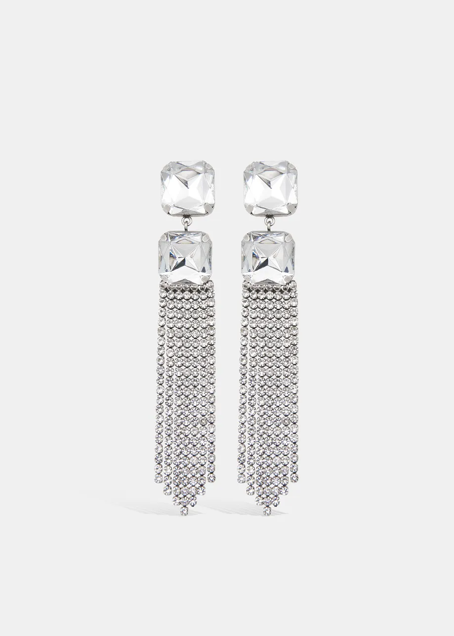 Silver-tone long rhinestone earrings