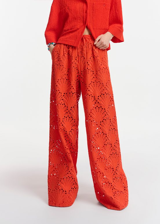 Red broderie anglaise cotton pants