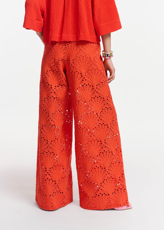 Red broderie anglaise cotton pants