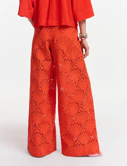 Red broderie anglaise cotton pants