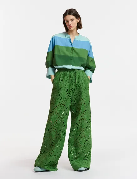 Green broderie anglaise cotton pants