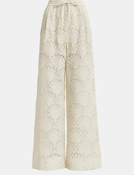 Pantalon blanc cassé en broderie anglaise de coton