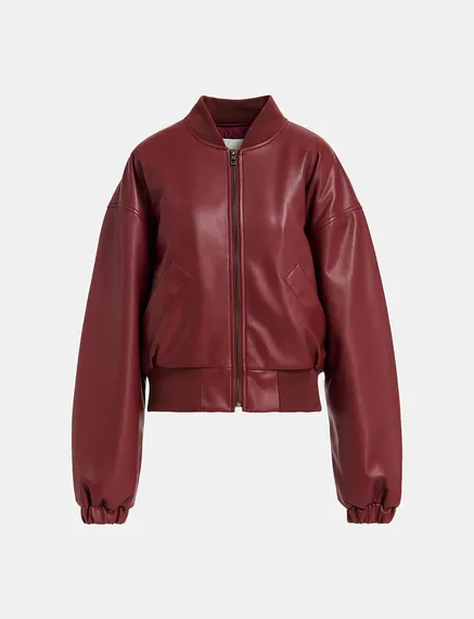 Burgundy faux leather bomber jacket