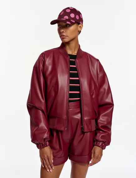 Burgundy faux leather bomber jacket