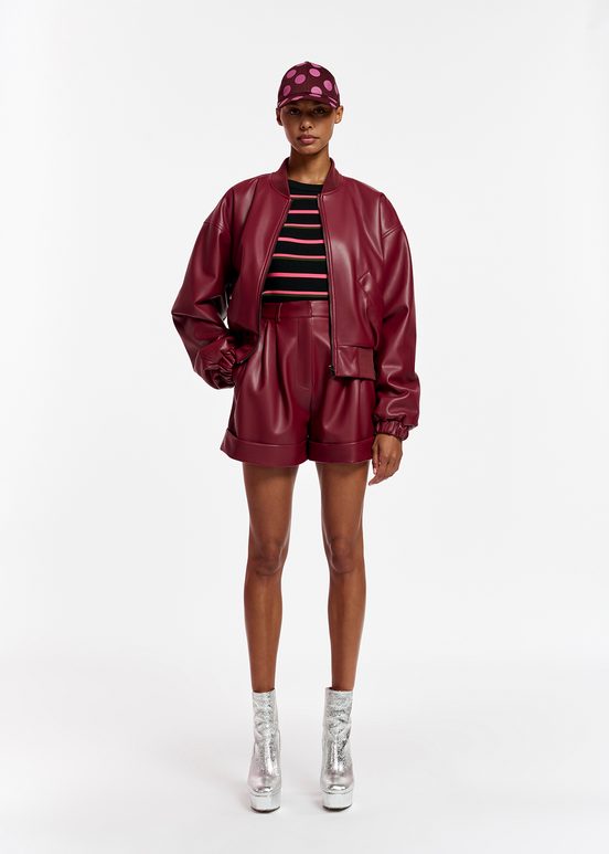 Burgundy faux leather bomber jacket