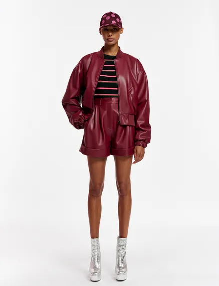 Burgundy faux leather bomber jacket