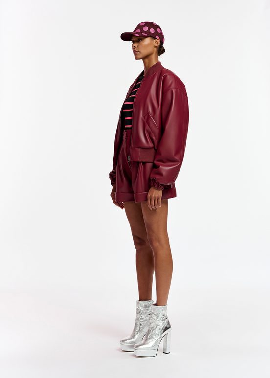 Burgundy faux leather bomber jacket