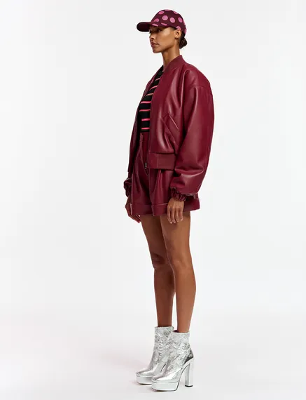 Burgundy faux leather bomber jacket