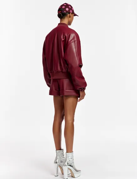 Burgundy faux leather bomber jacket