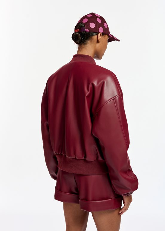 Burgundy faux leather bomber jacket