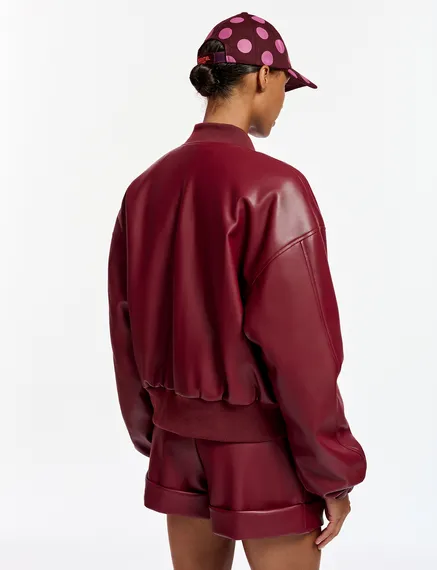 Burgundy faux leather bomber jacket