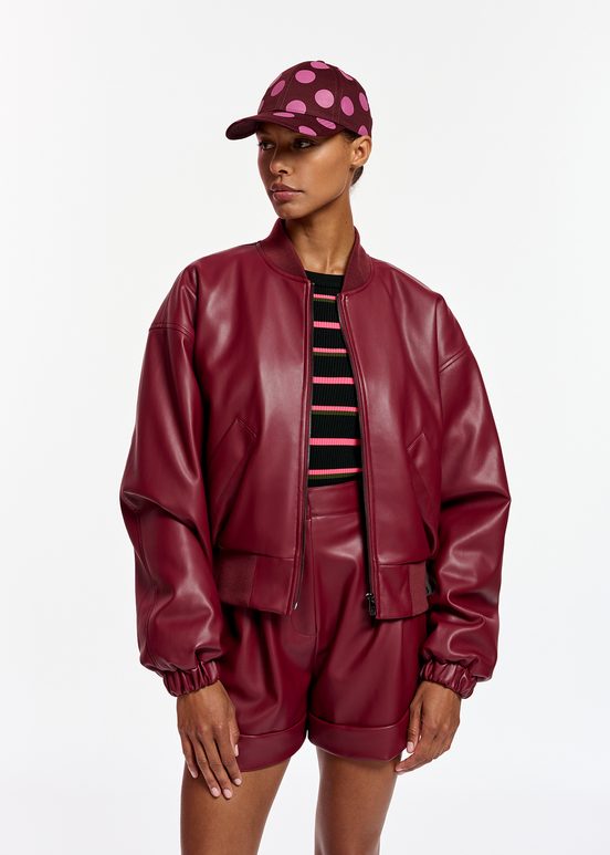 Burgundy faux leather bomber jacket