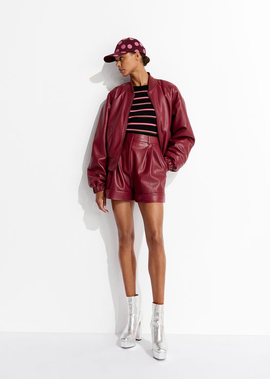 Burgundy faux leather bomber jacket